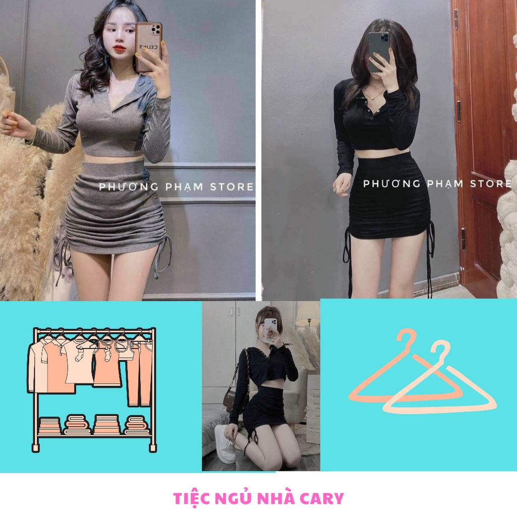 Set áo croptop mix chân váy body rút dây CARY