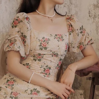 Váy Hoa Tay Bồng Xẻ Tà