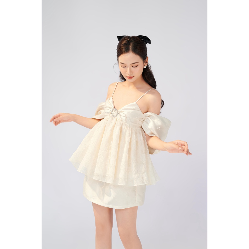 Somee studio Fanette blouse Áo trễ vai voan hoa phối tafta