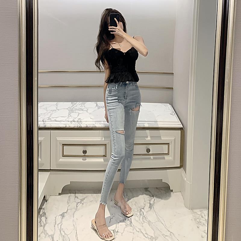 Quần Jean Dài Lưng Cao Dáng Ôm Phối Rách Thời Trang Mùa Thu 2020 Cho Nữ