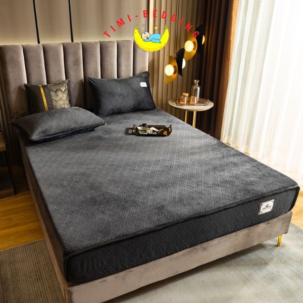 Ga gối nỉ nhung cao cấp 2022 họa tiết hình thoi - Bộ ga nỉ trải giường Timibedding
