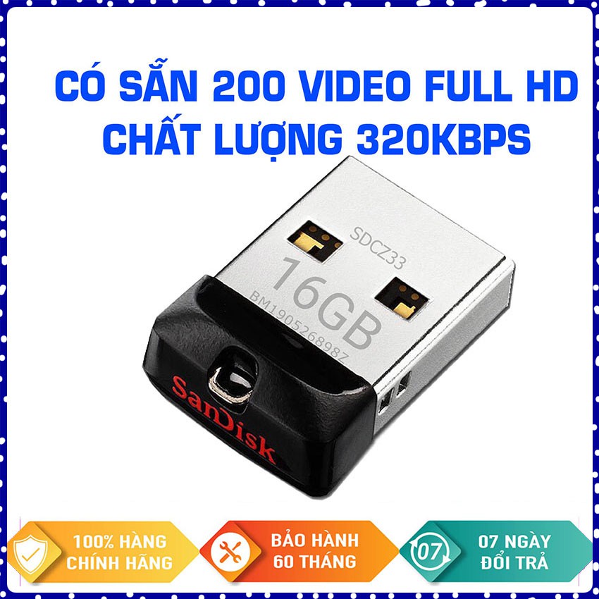 Usb ô tô💖SALE GIÁ GỐC💖Usb sẵn 200 video full HD nét căng, 16GB bảo hành 5 năm