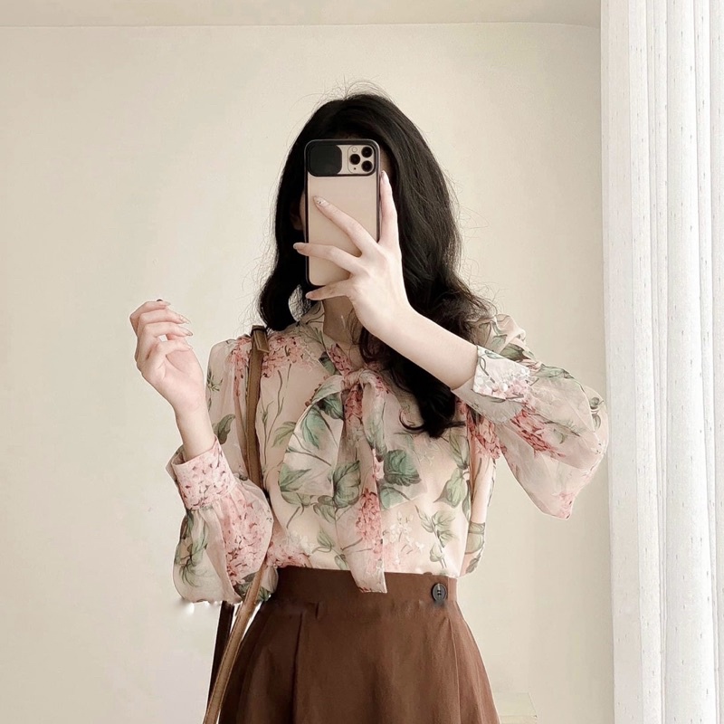 Áo sơ mi hoa voan phong cách hàn quốc cổ nơ tiểu thư chất liệu voan tơ mềm mịn không nhăn nhàu A37
