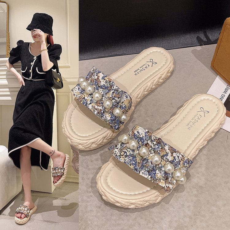 Dép Sandal Hở Ngón Mũi Tròn Đính Ngọc Trai Thiết Kế Mới Cao Cấp Thời Trang