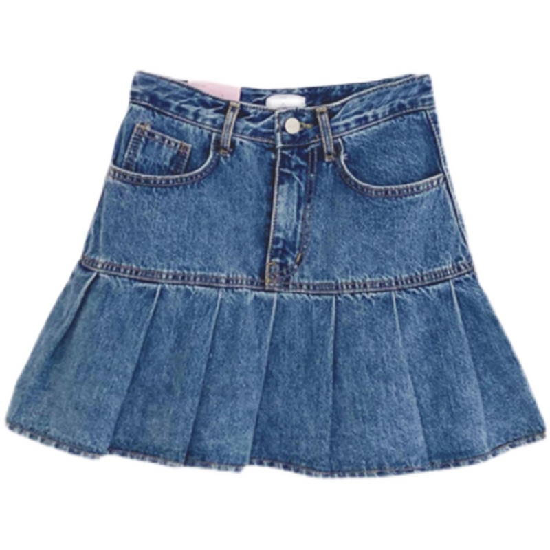 Solid color shirt, high-waist denim lace skirt, female bag hip pleated skirt, women's knitted sweater short-sleeved top, summer Korean version