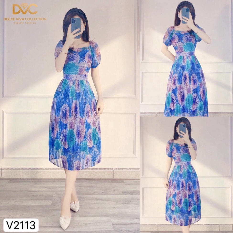 Váy hoa xanh xòe chân dập li V2113