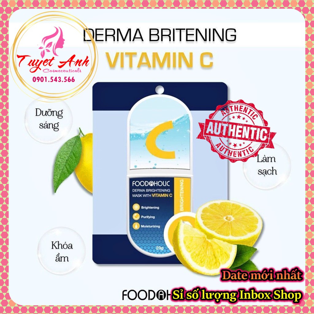 Mặt Nạ tinh chất Vitamin C Dưỡng Trắng, giảm Thâm Foodaholic Derma Brightening Mask With VITAMIN C 23g x 10 miếng (Hộp)