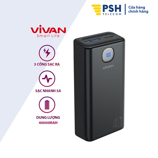 Pin sạc dự phòng VIVAN VPB-B40, dung lượng 40.000mAh, công suất lớn 22.5w, hỗ trợ sạc nhanh, chuẩn pd qc 3.0 vooc