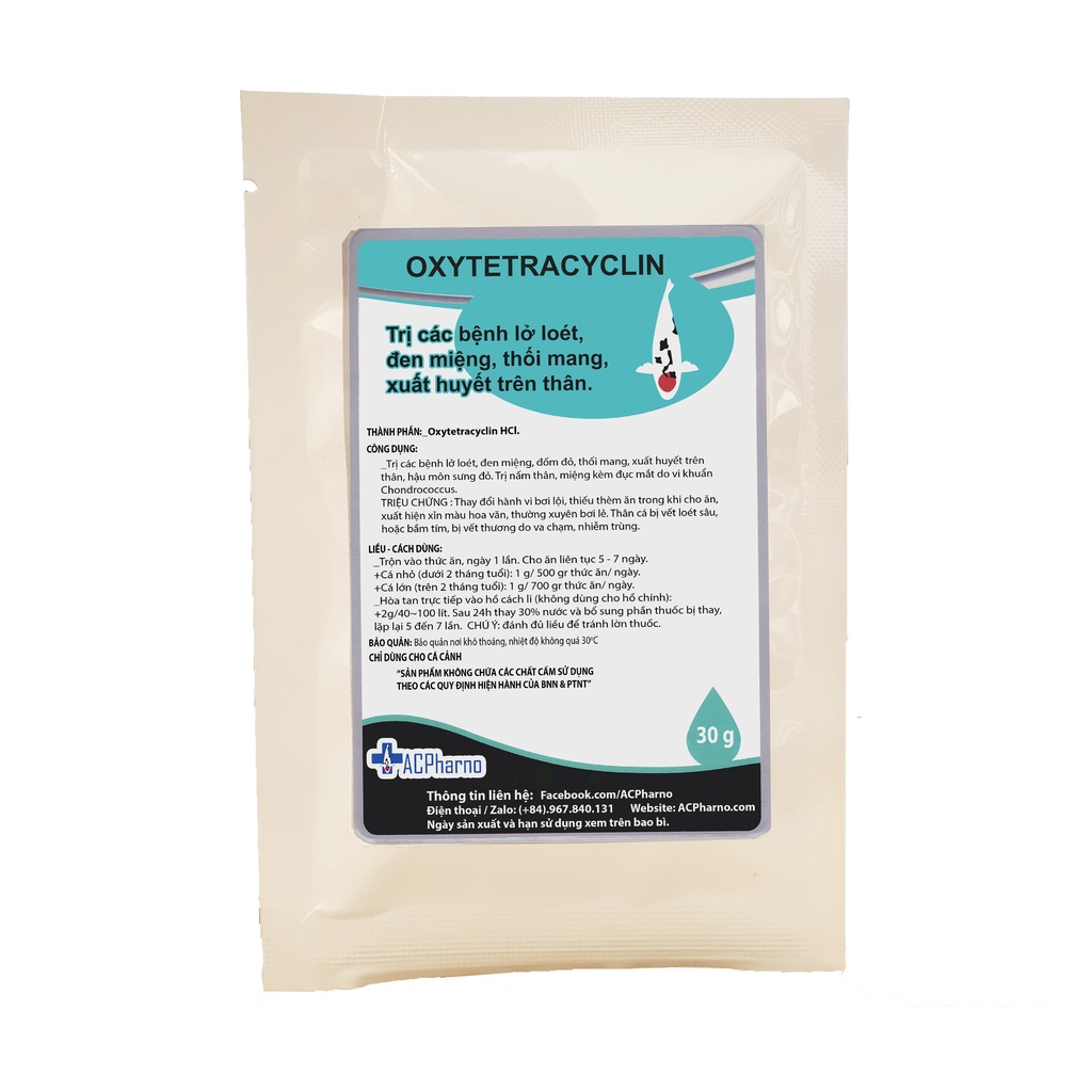 Oxytetracycline 30gr Lở loét, xuất huyết trên thân, nhiễm trùng dành cho cá chép Koi, cá vàng guppy - Tri chua lo loet
