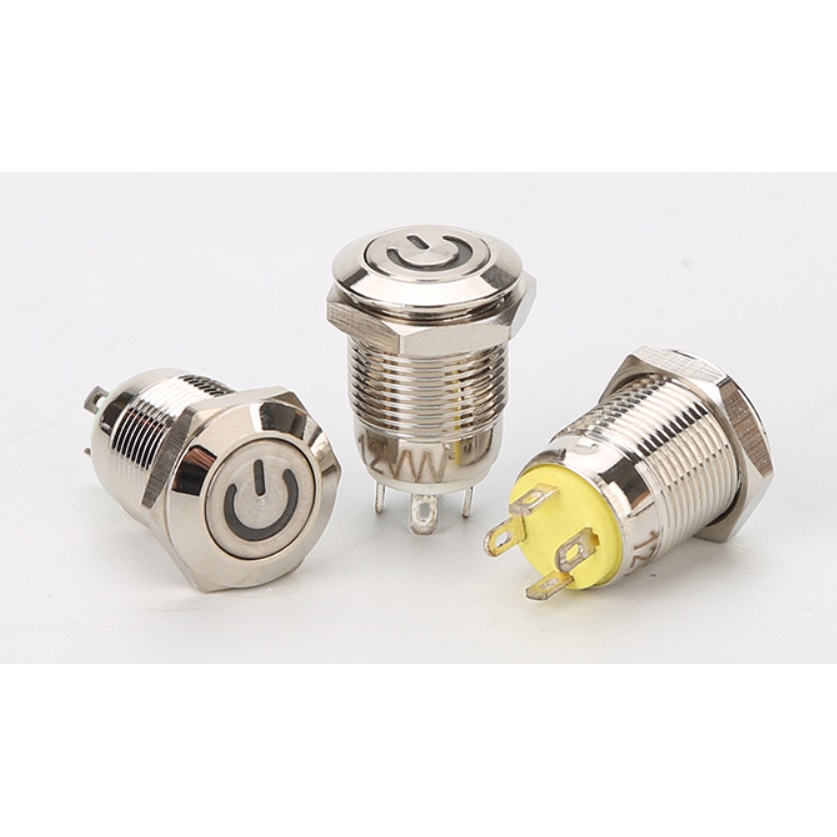 Nút Nhấn đề Có Đèn biểu tượng power vỏ Kim Loại Chống Nước 12mm nhấn nhả 5V 12V nhiều màu
