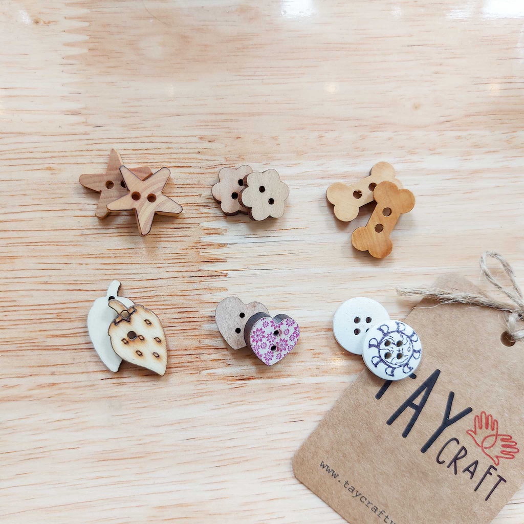 Set 5 khuy handmade, nút gỗ hình dễ thương đính trang trí