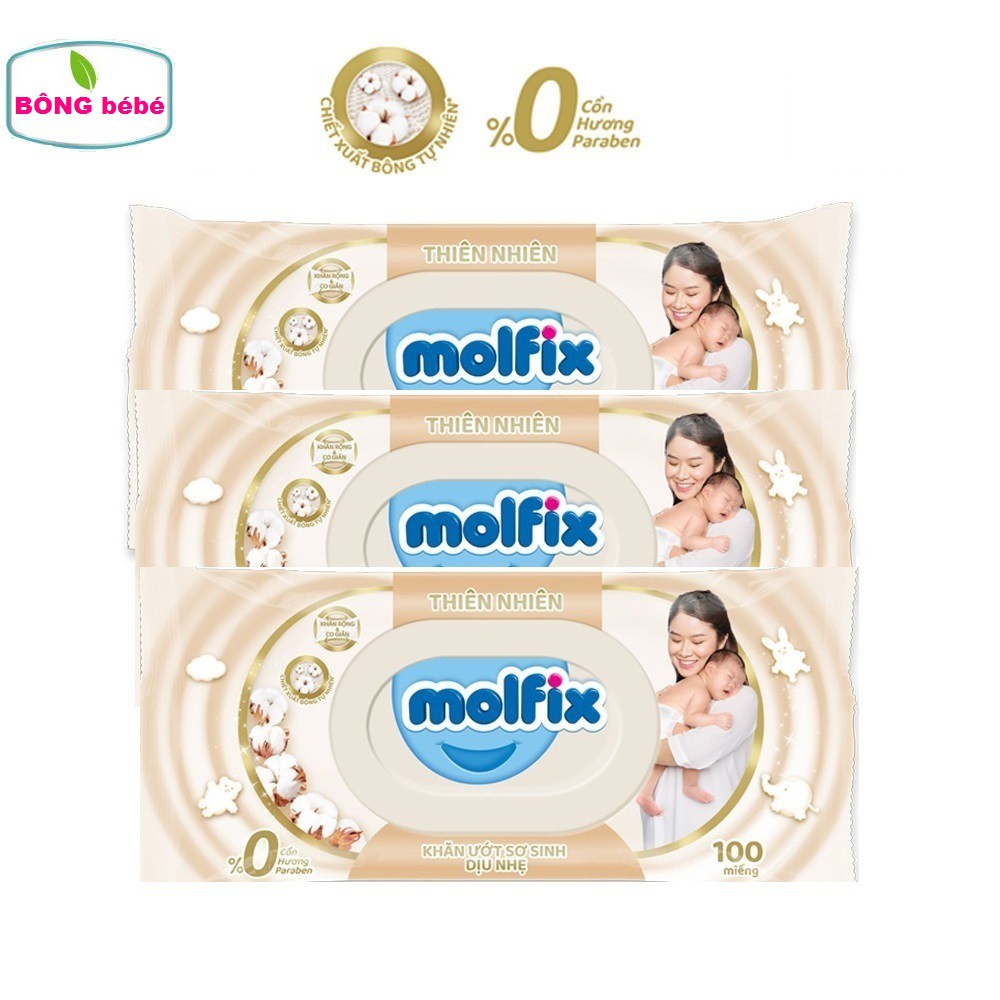 Combo 3 Khăn ướt trẻ em sơ sinh dịu nhẹ thiên nhiên KHÔNG CỒN Molfix- Gói loại 100 miếng