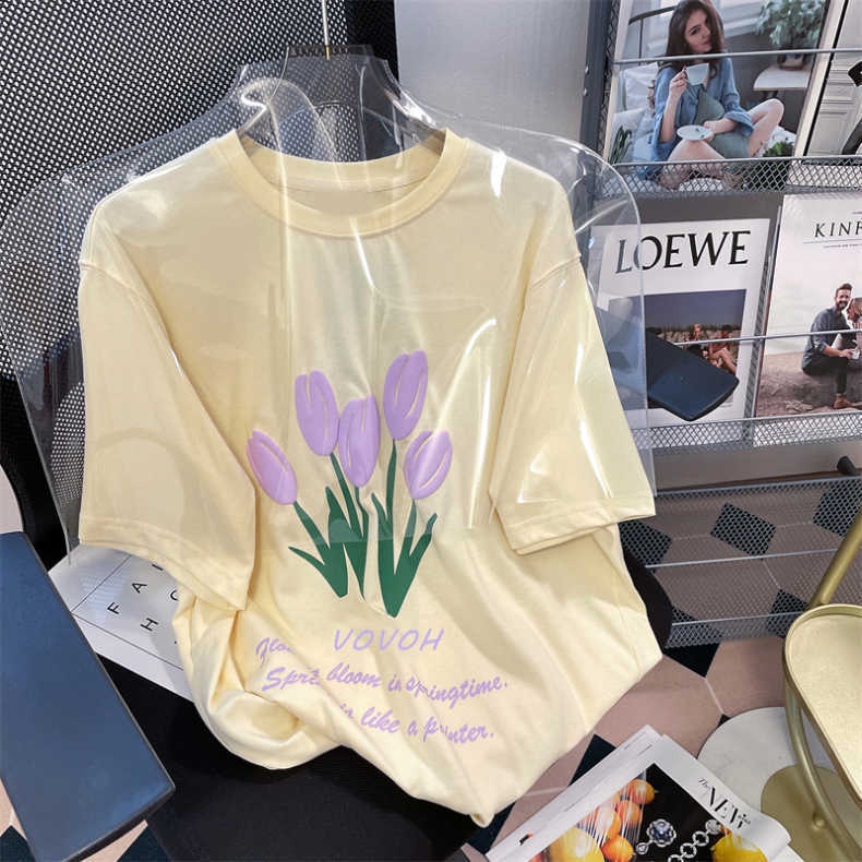 Áo Thun Cotton Dáng Rộng Tay Ngắn In Hình Hoa Tulip Vàng Thời Trang Mùa Hè Cho Nữ