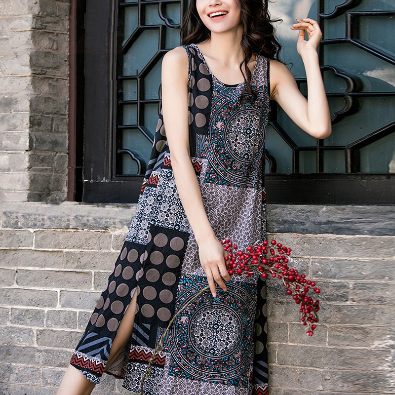 Đầm ngắn tay dáng dài in họa tiết phong cách cổ điển dành cho nữ | BigBuy360 - bigbuy360.vn