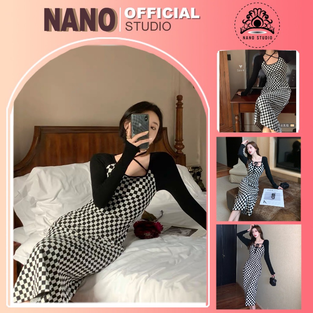 Váy cổ vuông caro🌼NaNo Studio🌼 Đầm dài 2021 mùa hè thắt dây độc đáo