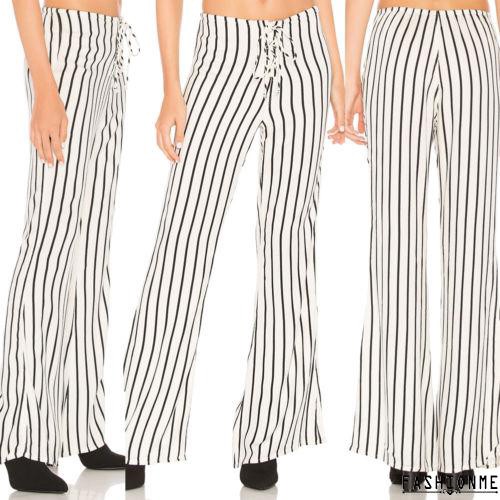 ღ𝓂ℰWomen Palazzo Pants Stripe High Waist Casual Wear Wide Leg Holiday Loose Trouser | BigBuy360 - bigbuy360.vn
