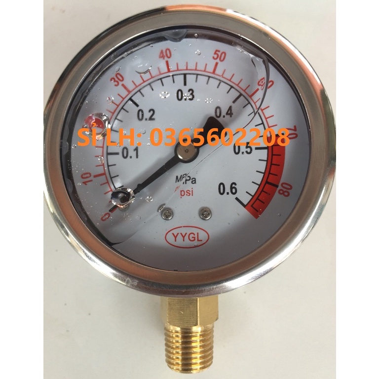 Đồng hồ đo áp suất 6 ký, thang đo 0-6 Bar tương đương 0-6 kg trên cm2, cho hệ thống tưới và công nghiệp