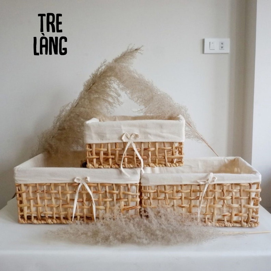 Khay giỏ lục bình đan caro Tre Làng  chất liệu lục bình khung sắt cứng cáp Kích thước 33cm/40cm/44cm