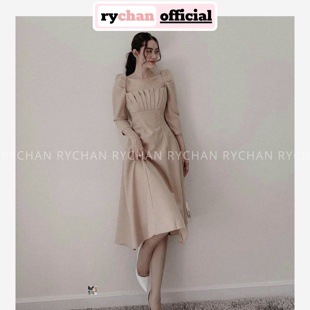 Đầm Xòe Midi Tay Dài Cổ Vuông Xếp Ngực Thắt Nơ Lưng - DX0026