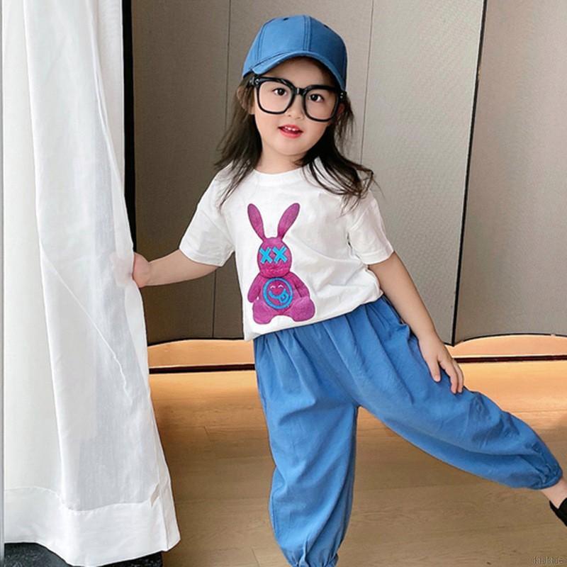 Áo thun vải cotton tay ngắn cổ tròn in hình gấu hoạt hình phong cách mùa hè dễ phối đồ cho bé gái
