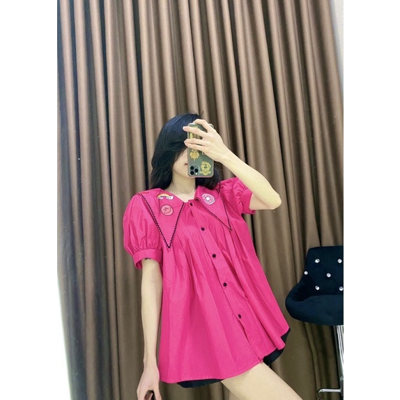 ÁO SƠMI BABYDOLL CỔ THÊU HOẠ TIẾT KẸO TAY CỘC XINH HOT 3 MÀU