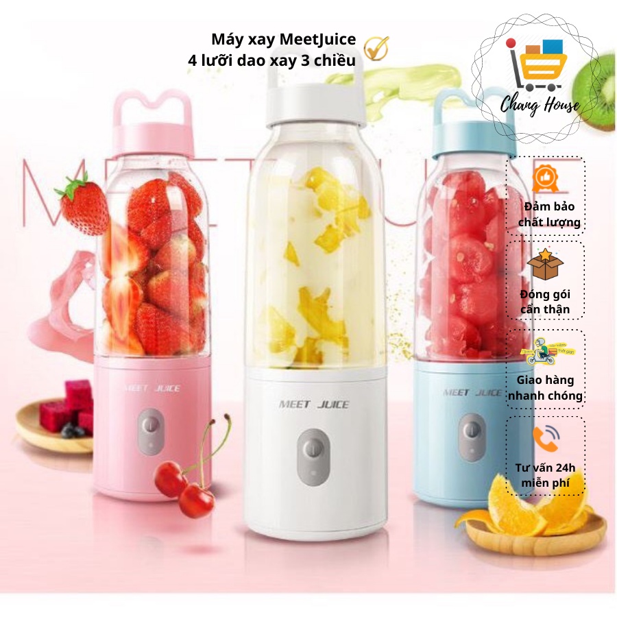Máy Xay Sinh Tố Cầm Tay Meet Juice 500ml lưỡi dao 3 chiều xay cực nhanh, gọn nhẹ xách đi muôn nơi