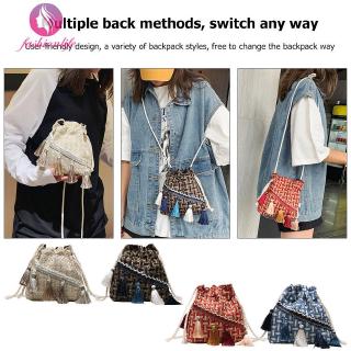 Túi đeo chéo dây rút họa tiết thổ cẩm đính núm tua thời trang