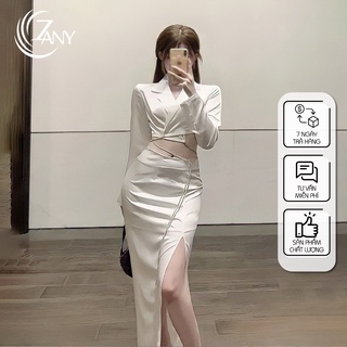 Set áo croptop tay dài cổ vest kèm chân váy dài xẻ tà lưng cao vải lụa form ôm tôn dáng - Zany Store