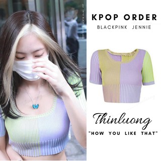 Áo croptop len phối màu giống Jennie Blackpink