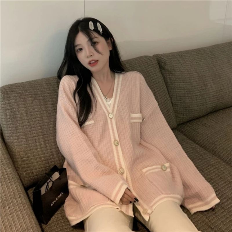 Áo cardigan len dệt kim viền có túi oder taobao