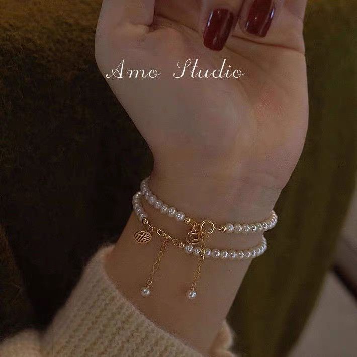 Vòng tay may mắn đính hạt ngọc trai giả phong cách Trung Hoa