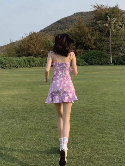Đầm tím 2 dây hoa cúc rã ngực nhún thun