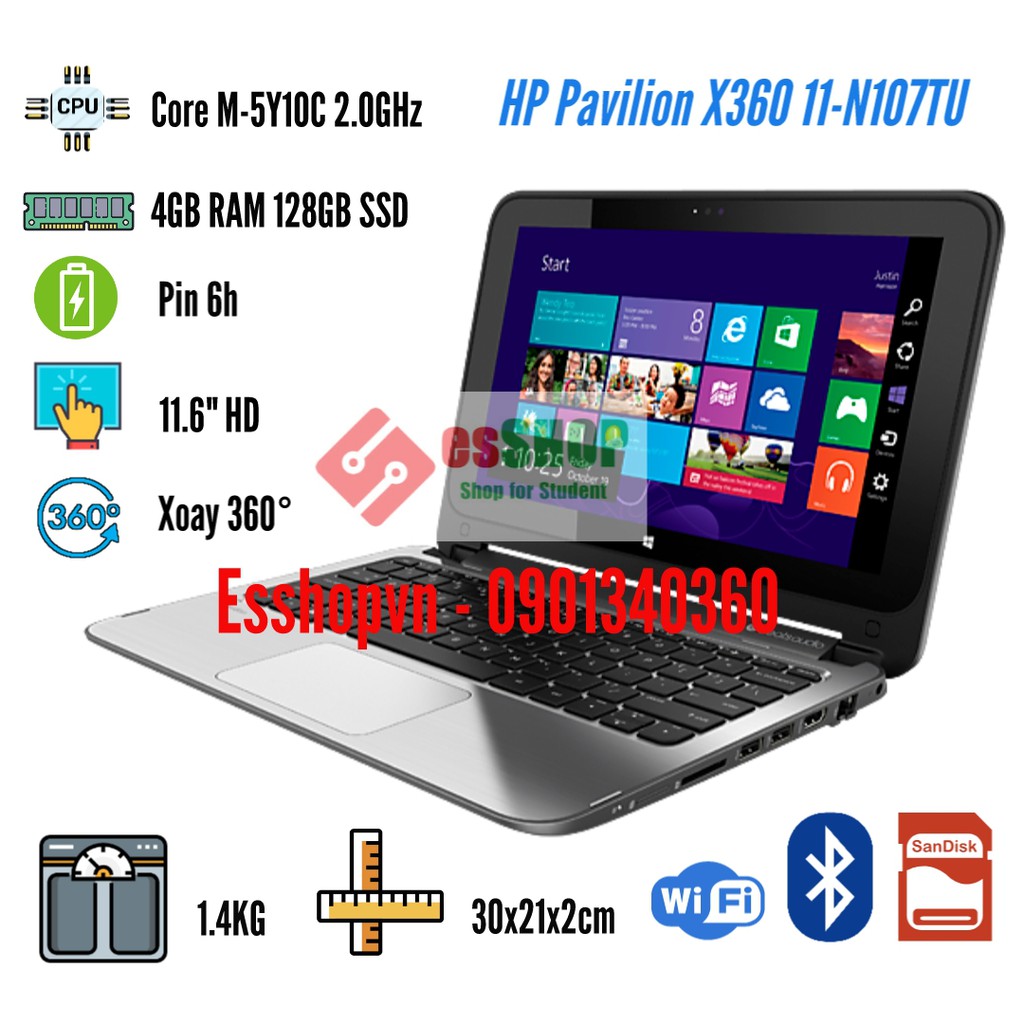 Laptop cảm ứng xoay 360 HP Pavilion X360-11N107TU 11.6 inch 4GB RAM 128GB SSD Chip Intel mạnh mẽ - Likenew 99% Amazon Mỹ