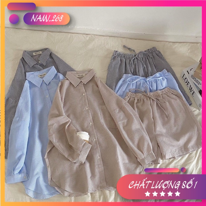 Set Bộ Quần Đùi Áo Sơ Mi Kẻ 3 Màu Ulzzang Hot❤️ Set Áo Somi Tay Dài Kẻ Kèm Quần Short Dáng Rộng Freesize❤️