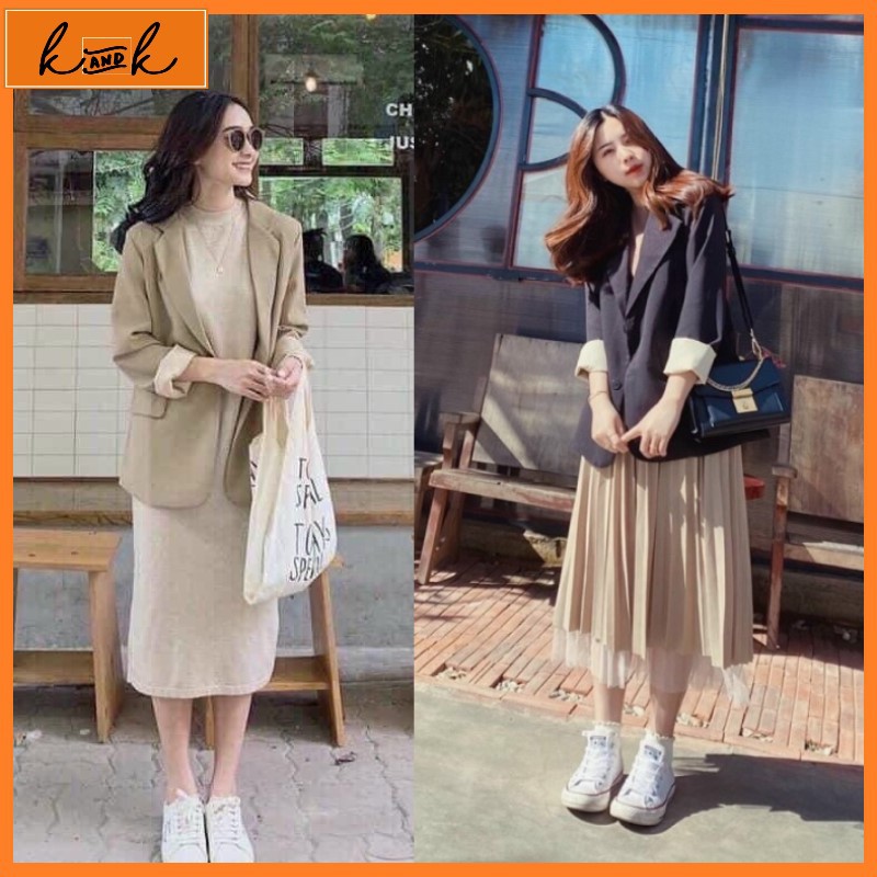 Áo khoác blazer nữ, áo vest hai lớp, phong cách hàn quốc màu trơn be , đen freesize - Video ảnh thật