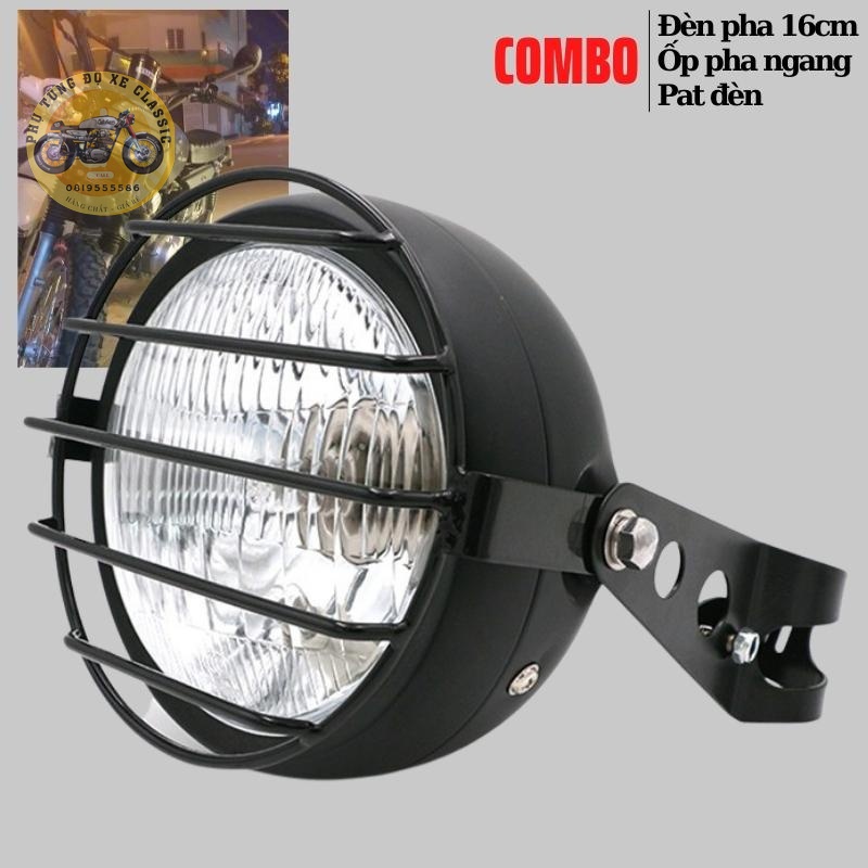 Combo đèn pha độ 16cm kèm sẵn ốp sắt bảo vệ pha và bộ pat gắn đèn vào phuộc dùng độ xe CLASIC Win GN125