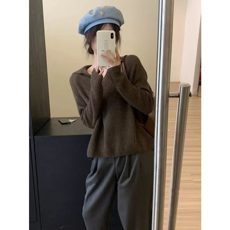 Áo len ZHELIHANGFEI dáng rộng tay dài cổ V phong cách retro