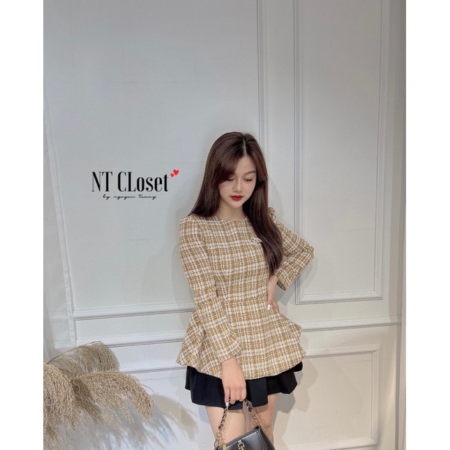 SALE Áo dạ tweed peplum kẻ vàng kèm tag chuẩn NT closet