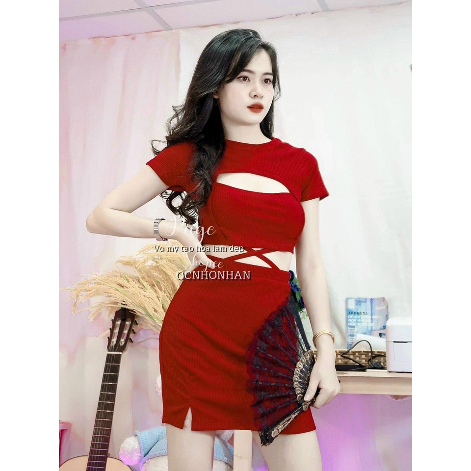 Sét áo croptop khoét ngực quấn dây eo phối chân váy trơn body cực hot , chất thun gân mềm mịn