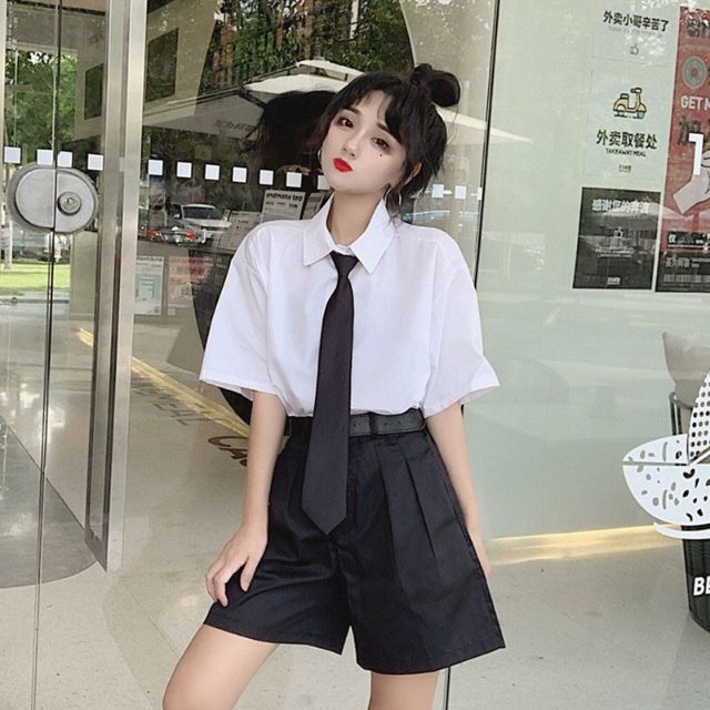 Set áo sơ mi cà vạt quần đùi ulzzang