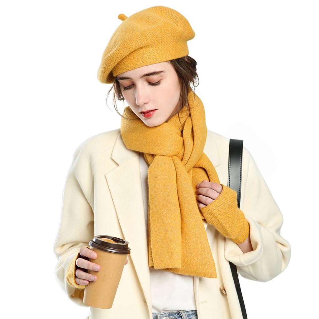 SUSANS Set 3 Món Găng Tay + Khăn Choàng + Mũ Len Cashmere Ấm Áp Cho Nữ