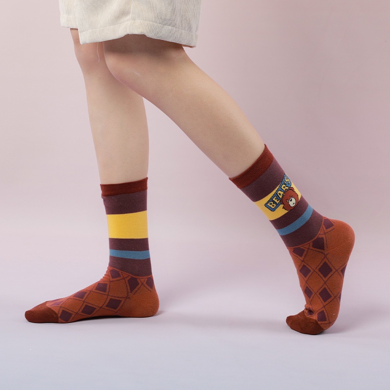 Vớ WAFNHA D17 cổ cao dày in họa tiết gấu hoạt hình đáng yêu thời trang unisex