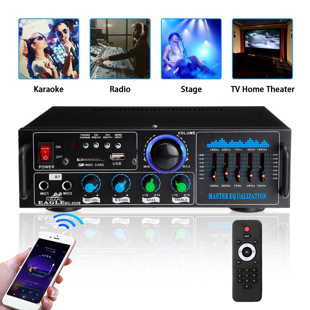 Bộ Khuếch Đại Âm Thanh Nổi 2000W 2 Mic bluetooth FM AUX USB SD AMP Cinema Karaoke Điều Khiển Từ Xa