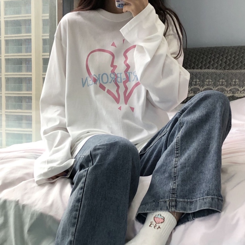 Áo thun dài tay nam nữ, áo phông dài tay unisex form rộng chất cotton dày đẹp in hình trái tim trend 2022 TD 103