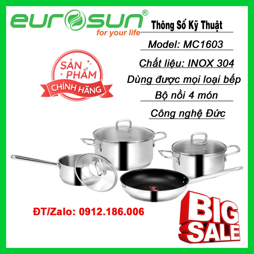 BỘ NỒI INOX EUROSUN MC1603 TITINIUM - HÀNG CHÍNH HÃNG