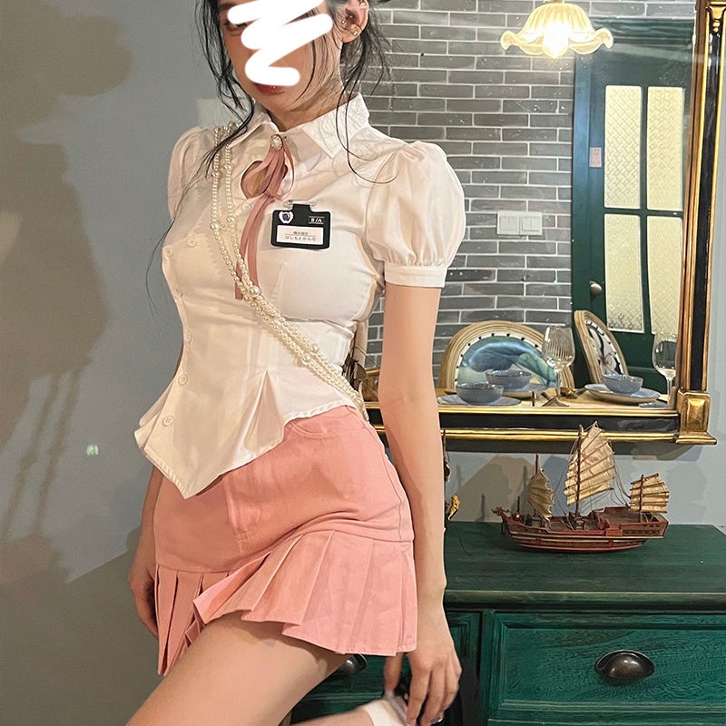 Bộ Áo Sơ Mi Khoét Lỗ + Chân Váy Xếp Ly Lưng Cao Thời Trang Mùa Hè Hàng Mới 2023