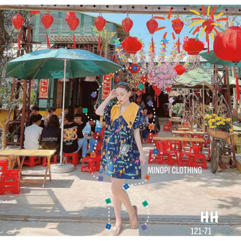 Đầm váy suông chữ A hạc cổ thêu cherry
