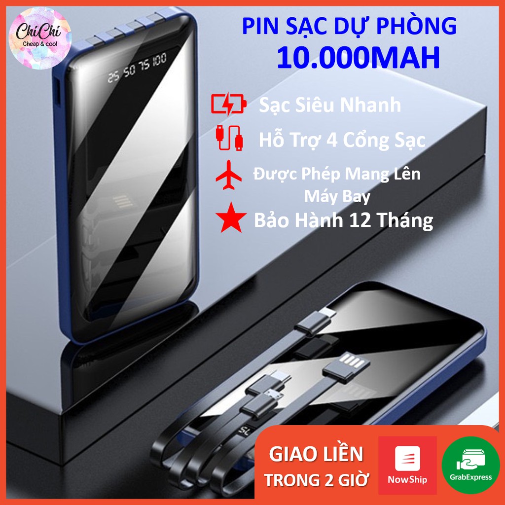 Sạc Dự Phòng 10.000mAh hỗ trợ sạc siêu nhanh,tích hợp 4 cổng sạc,hiển thị phần trăm pin.Pin sạc dự phòng PDP01 ChiChi