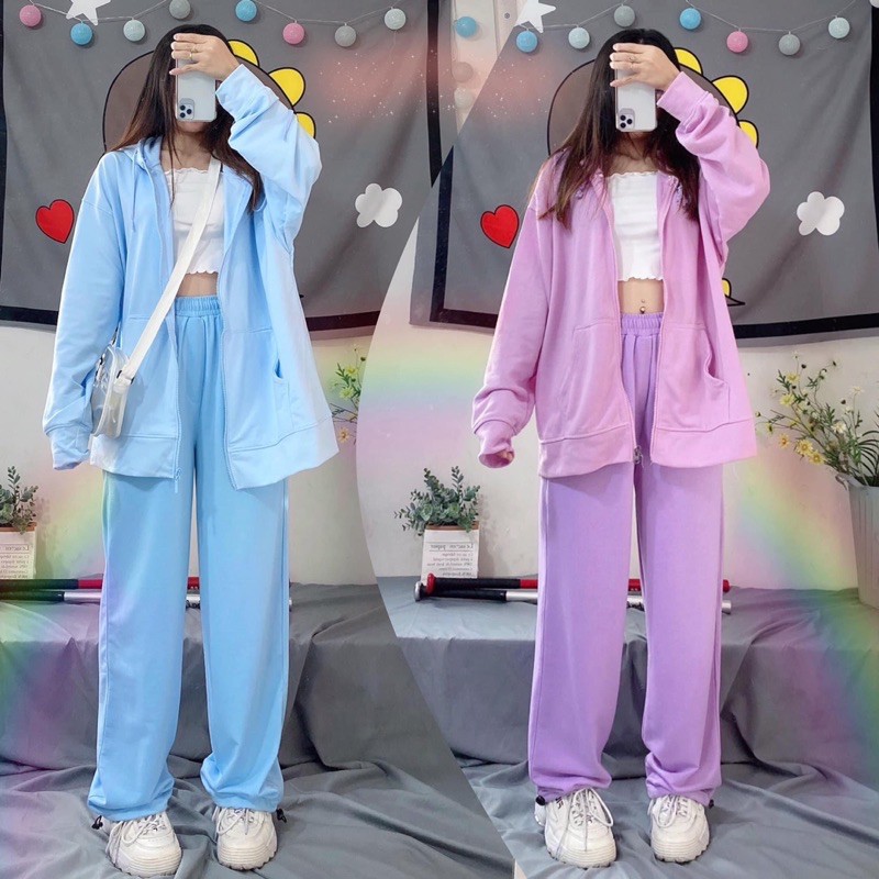 Cả Set 2 Món Hoodie Zip Long Pant Basic Thu Đông Ảnh Thật