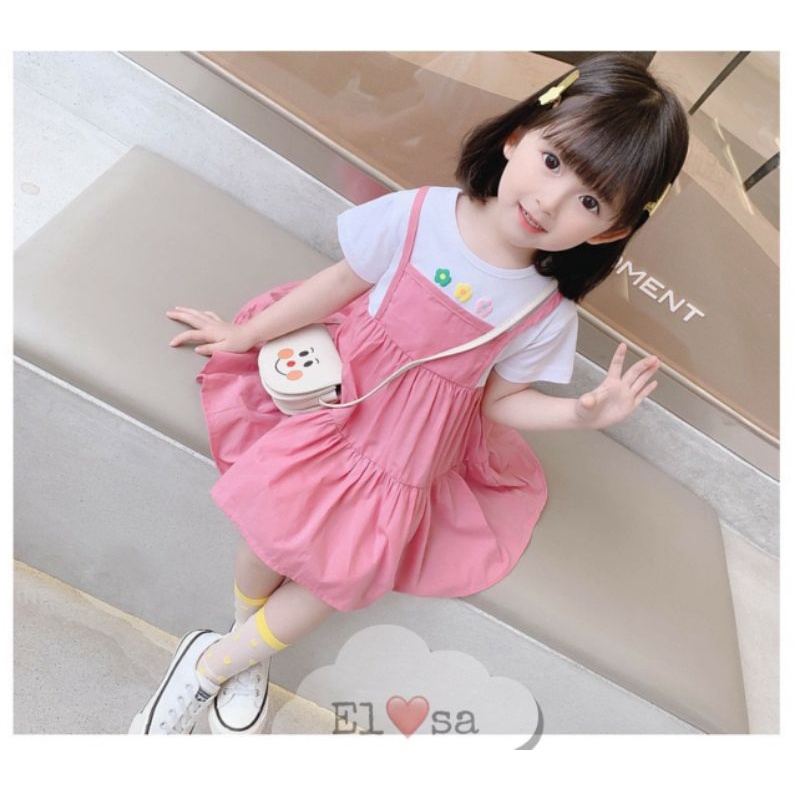 Váy bé gái - Váy giả yếm vải thô họa tiết 3 bông hoa siêu xinh cho bé 1-5 Tuổi